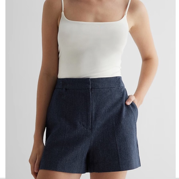 Express Pants - Express Twill Mid-Rise Tailored Shorts - Dark Wash Blue Size 0